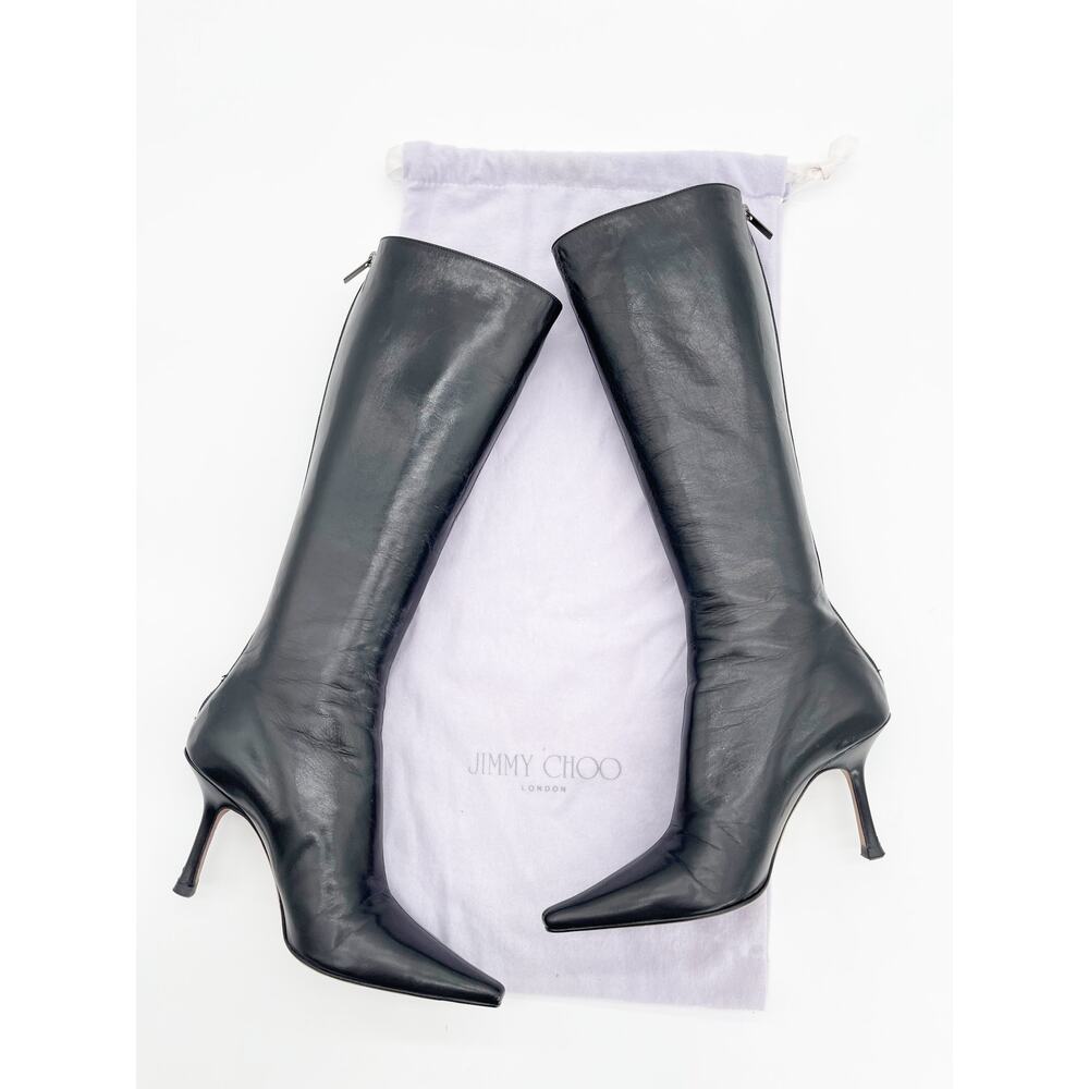 Jimmy Choo Peony Black Leather Pointed Square Toe Knee High Heeled Boot IT 36